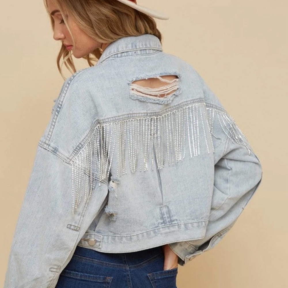 Size S Light Wash Denim Jacket with Rhinestone Fringe